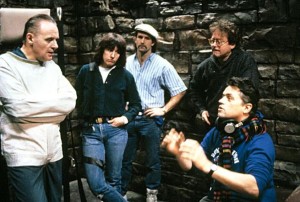 SILENCE OF THE LAMBS, Anthony Hopkins, director Jonathan Demme with film crew on set, 1991