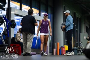 Iga Swiatek of Poland warms up before the third round of the 2026 Dongfeng Voyah Wuhan Open WTA 1000 tennis tournament