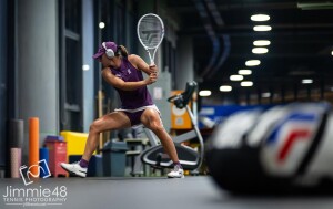 Iga Swiatek of Poland warms up before the third round of the 2026 Dongfeng Voyah Wuhan Open WTA 1000 tennis tournament