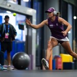 Iga Swiatek of Poland warms up before the third round of the 2026 Dongfeng Voyah Wuhan Open WTA 1000 tennis tournament