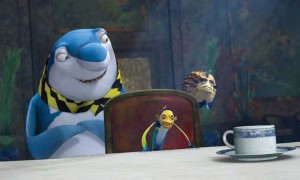 Pictured: Flanked by a disguised Lenny (JACK BLACK, left) and his new manager Sykes (MARTIN SCORSESE, right), Oscar (WILL SMITH) tells the sharks just how it?s going to be in DreamWorks Animation?s computer-animated comedy SHARK TALE.